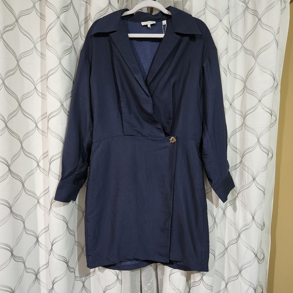 Nwt VINCE Navy Size 12 Wrap Dress Large Sleeves, Gold Button